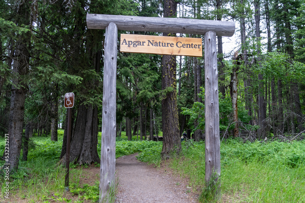 Sign for the Apgar Nature Center trail and walkway in Glacier National Park Montana USA Sign for the Apgar Nature Center trail and walkway in Glacier National Park Montana USA