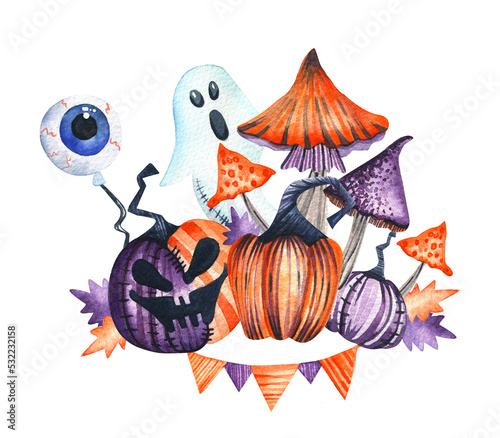 Halloween watercolor illustration. Orange stylized striped pumpkins, pumpkins with a scary face, mushrooms, a ghost, a garland of flags, eyes, orange and purple leaves collected in a composition.
