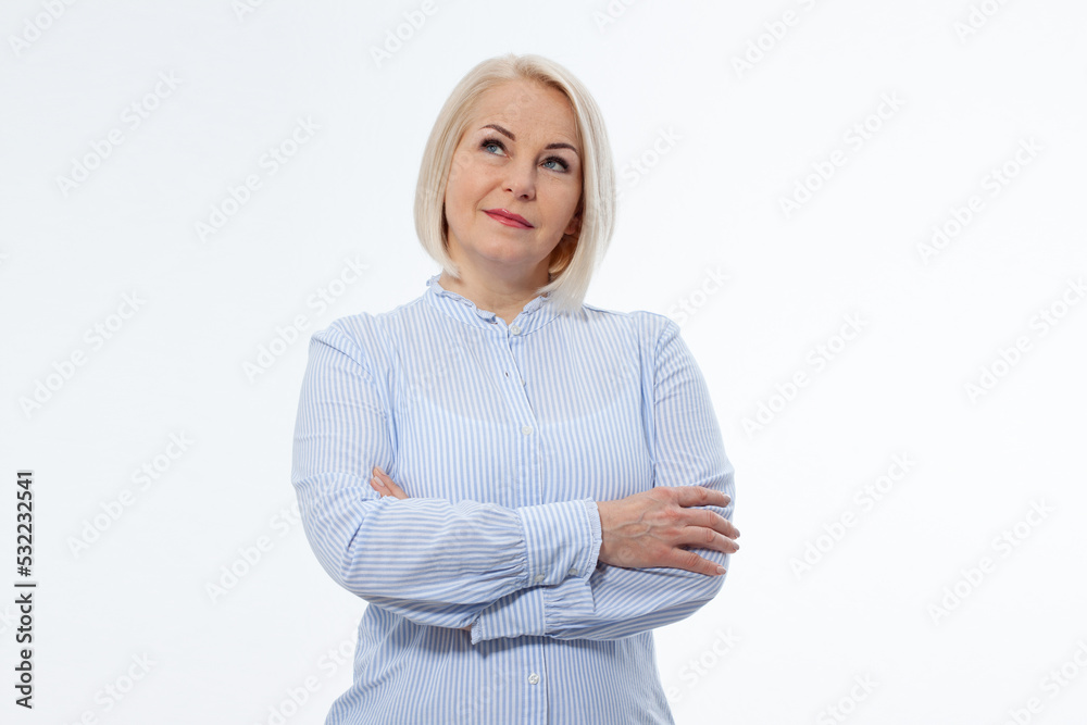 Serious business woman with folded arms on white background Serious business woman with folded arms on white background