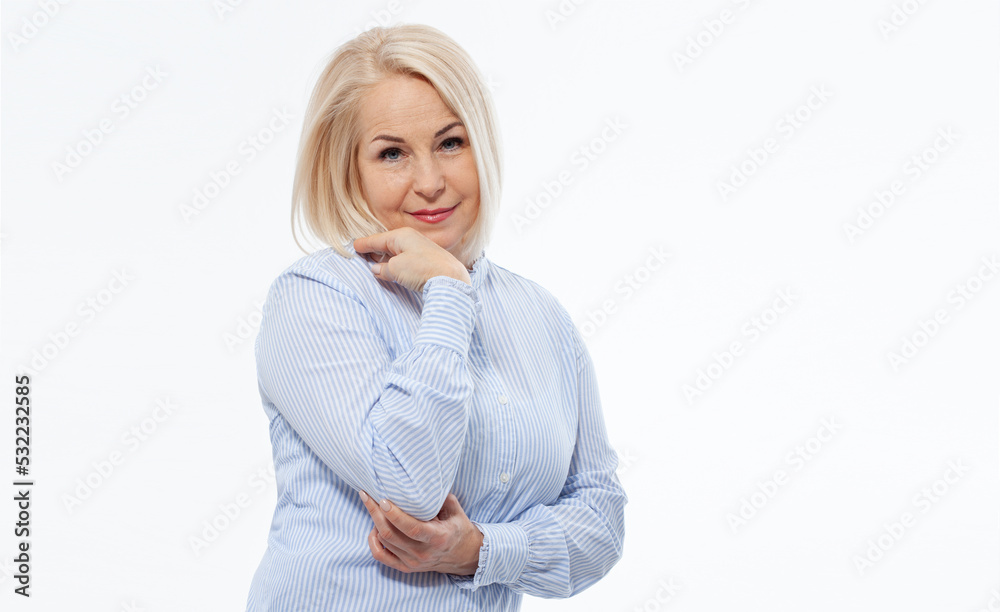 Attractive middle aged woman with folded arms on white background Attractive middle aged woman with folded arms on white background