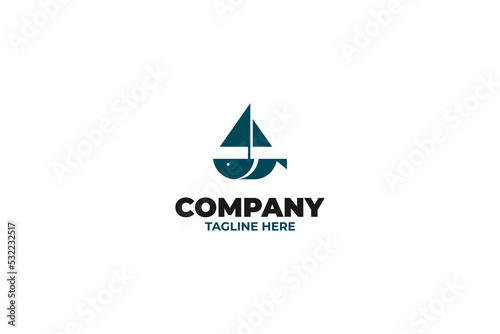 Flat fish and ship logo design vector