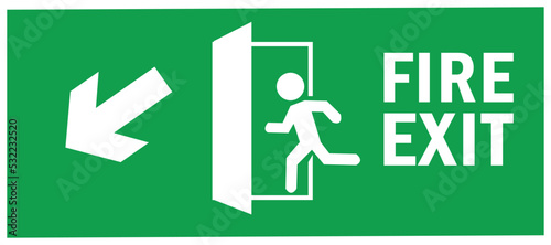 emergency fire exit sign. running man icon to door. green color. arrow vector. warning sign plate
