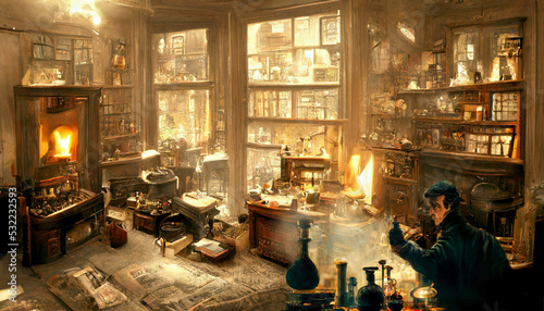 Digitally created artwork of a Victorian era private detective  busy at work in his house in London photo