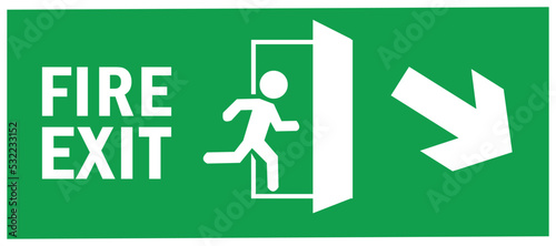 emergency fire exit sign. running man icon to door. green color. arrow vector. warning sign plate
