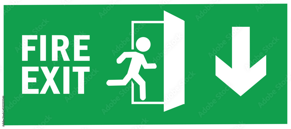 emergency fire exit sign. running man icon to door. green color. arrow ...