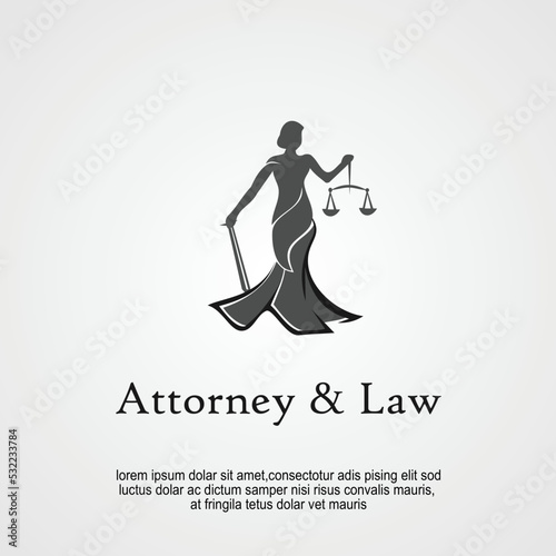 Goddess of Justice Themis logo. A woman in a tunic blindfolded with a sword in one hand and scales in the other. Vector silhouette illustration photo