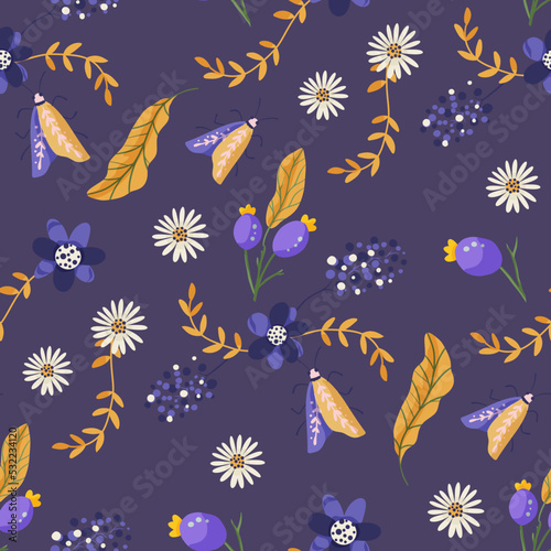 Boho purple berry , flower and moth seamless pattern. Forest floral butterfly vector background