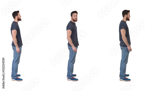 side view of a group of same man on white background