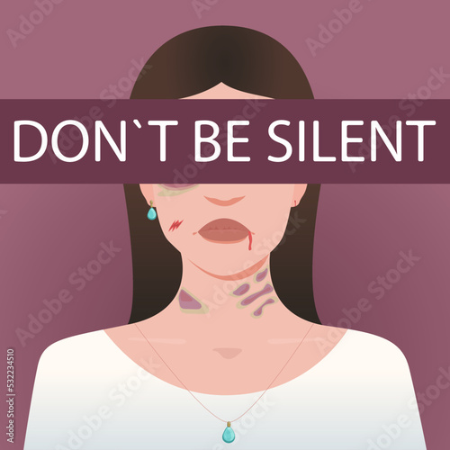 Sad woman with bruises and wounds. Concept of domestic violence, sexual abuse in the family, bullying, silence and fear 