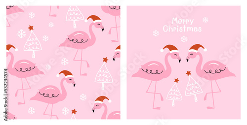 Christmas seamless pattern with flamingo birds, pink, animal, Santa hats, Christmas tree, stars and snowflakes on pink background vector illustration.
