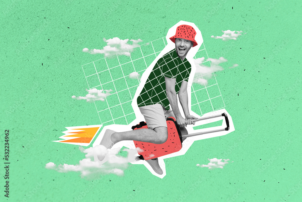 Creative collage image of overjoyed positive guy black white colors sit flying suitcase isolated on drawing clouds sky green background - obrazy, fototapety, plakaty 