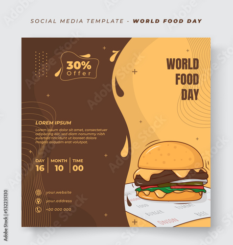 Social media template in yellow and brown background with cartoon burger for world post day design