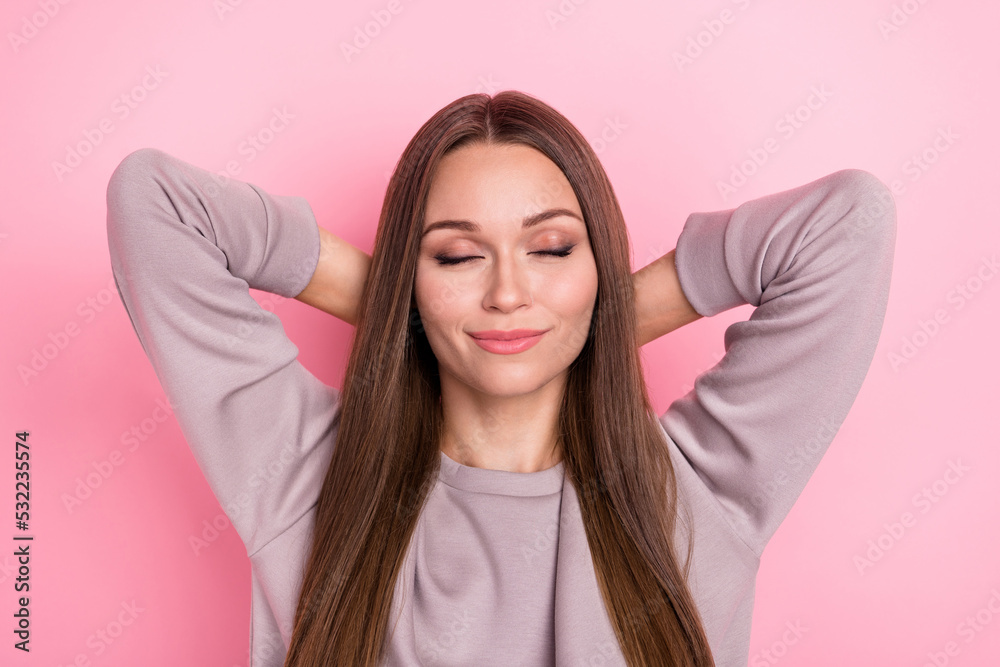 Portrait of lovely sweet cute pretty lady girlfriend free time arm behind head wear trendy sweatshirt isolated on pink color background Portrait of lovely sweet cute pretty lady girlfriend free time arm behind head wear trendy sweatshirt isolated on pink color background