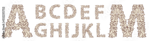 vintage font alphabet in baroque style. floral set of capital le