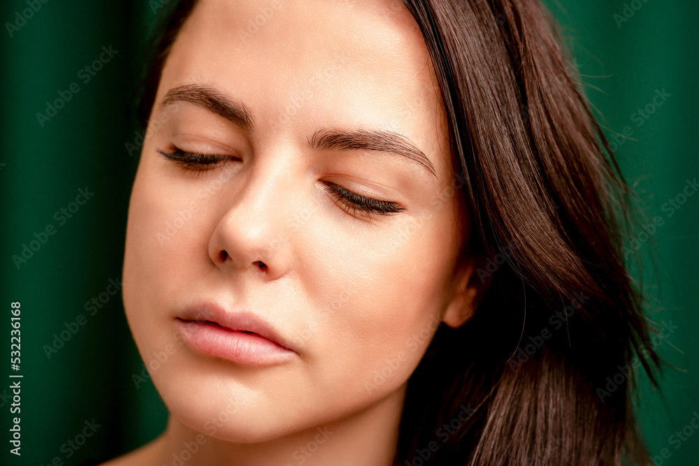 The fashionable young woman. Portrait of the beautiful female model with long hair and makeup with closed eyes. Beauty young woman with a brown curly hairstyle on the background of a green curtain The fashionable young woman. Portrait of the beautiful female model with long hair and makeup with closed eyes. Beauty young woman with a brown curly hairstyle on the background of a green curtain