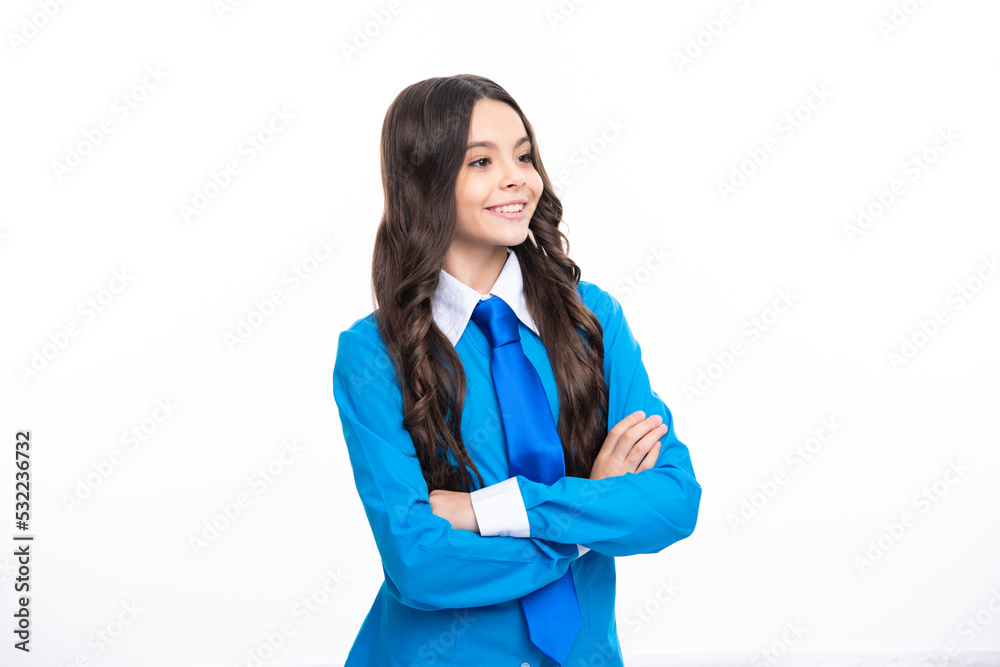 Teenager kid crossed arms with confidence isolated on white. Confident teen child girl crossed hands. Teenager kid crossed arms with confidence isolated on white. Confident teen child girl crossed hands.