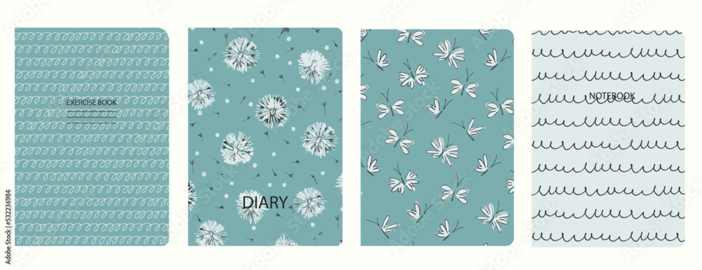 Set of cover page templates based on patterns with chickens, birds, butterflies, moths, plaid, abstract circles. Blue, Backgrounds for notebooks, notepads, diaries, planner. Headers isolated Set of cover page templates based on patterns with chickens, birds, butterflies, moths, plaid, abstract circles. Blue, Backgrounds for notebooks, notepads, diaries, planner. Headers isolated