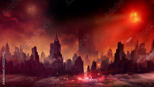 New York after a terrible apocalyptic disaster event. UFO, impact, war, supernatural, monster, underworld, upsidedown world, 3D rendered image