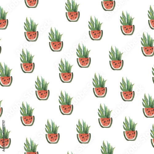 Seamless pattern of watermelon and cactus flawerpot.