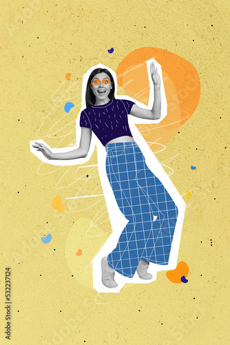 Vertical collage illustration of overjoyed girl black white effect have fun dancing partying isolated on painted background