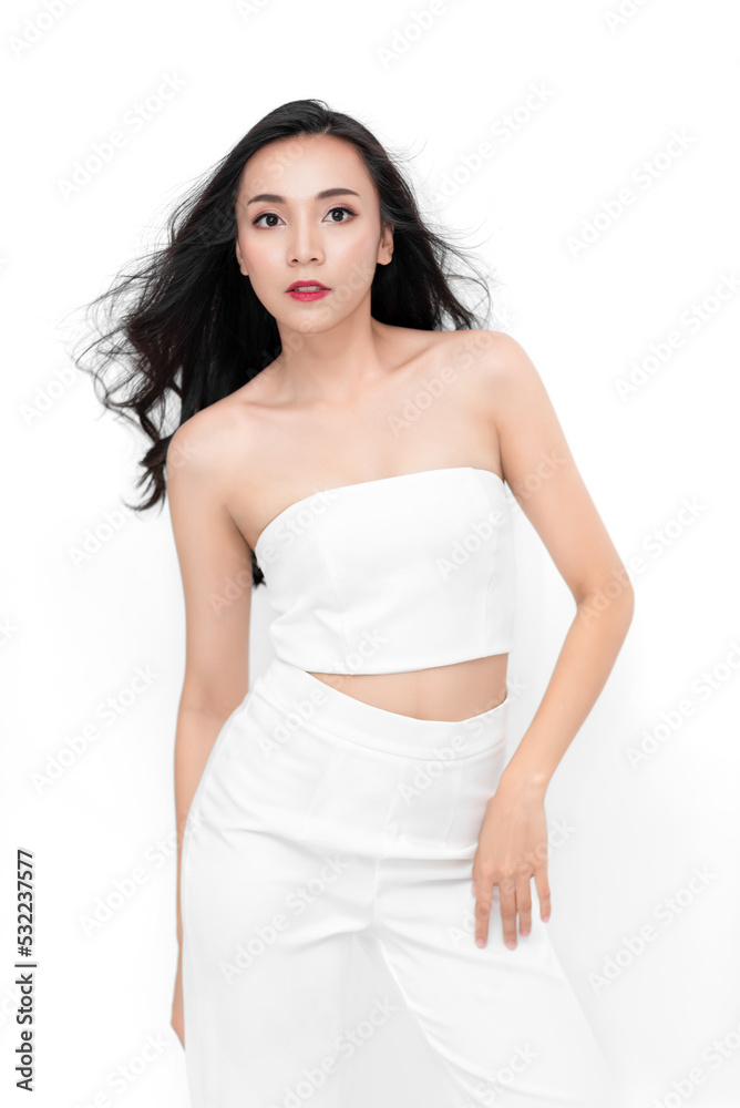 Portrait of Attractive Beauty Asian Women in Fashion Posing with Smiling Face Wearing White Dress on White Background for Cosmetic or Healthcare Portrait of Attractive Beauty Asian Women in Fashion Posing with Smiling Face Wearing White Dress on White Background for Cosmetic or Healthcare
