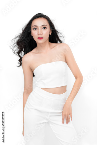 Portrait of Attractive Beauty Asian Women in Fashion Posing with Smiling Face Wearing White Dress on White Background for Cosmetic or Healthcare