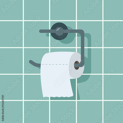 Toilet paper roll hanging on a holder on a ceramic tile wall. Vector illustration of the bathroom element.