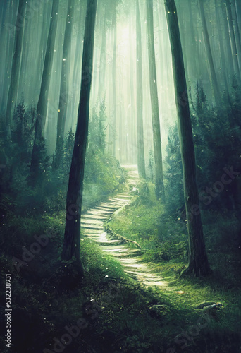 Fototapeta Magical forest, a clearing with fantasy light effects descending from above,ennv
