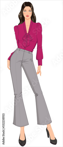 WOMEN CROQUIS IN SMART UNIFORM FIR AND FLARE PANTS WITH PUSSY BOW TOP IN EDITABLE VECTOR