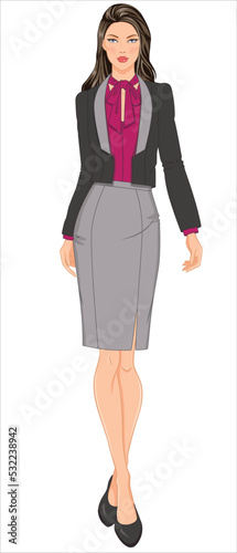 WOMEN CROQUIS IN SMART UNIFORM BLAZER WITH PENCIL SKIRT AND PUSSY BOW TOP IN EDITABLE VECTOR
