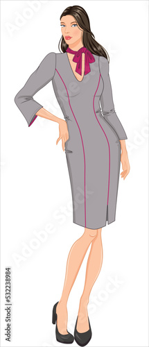 WOMEN CROQUIS IN SMART UNIFORM SHEATH DRESS WITH PIPING DETAIL IN PRINCESS SEAM AND CONTRAST SCARF  IN EDITABLE VECTOR