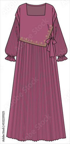 DOUBLE LAYER LONG MAXI DRESS WITH PERMANENT PLEAT SKIRT AND EMBELLISHMENT IN EDITABLE VECTOR FILE