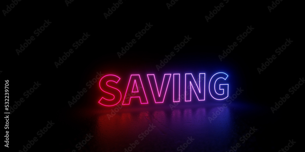 Saving word text 3d rendered outline neon style illustration isolated on black background