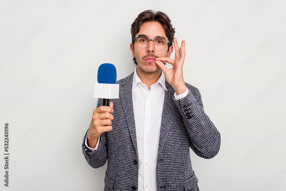 Young hispanic TV presenter man isolated on white background with fingers on lips keeping a secret. Young hispanic TV presenter man isolated on white background with fingers on lips keeping a secret.