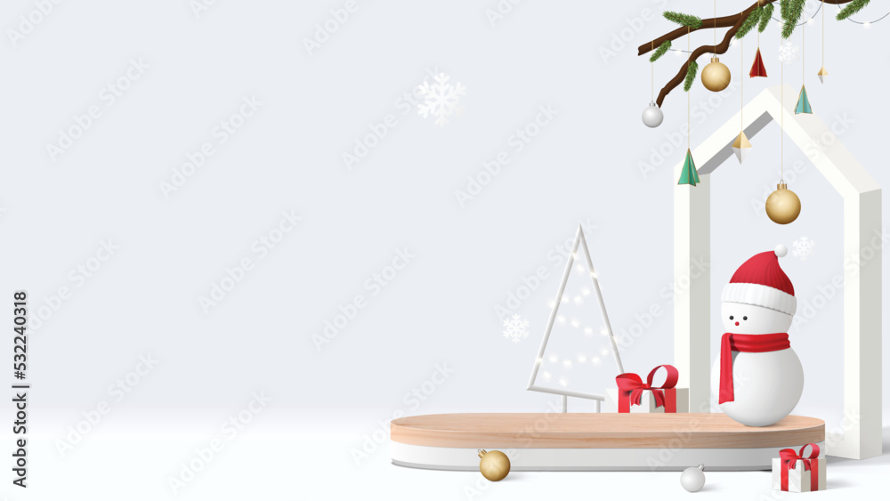Realistic 3D Christmas template. pedestal or stand podium for show product display. Christmas decoration on white background.