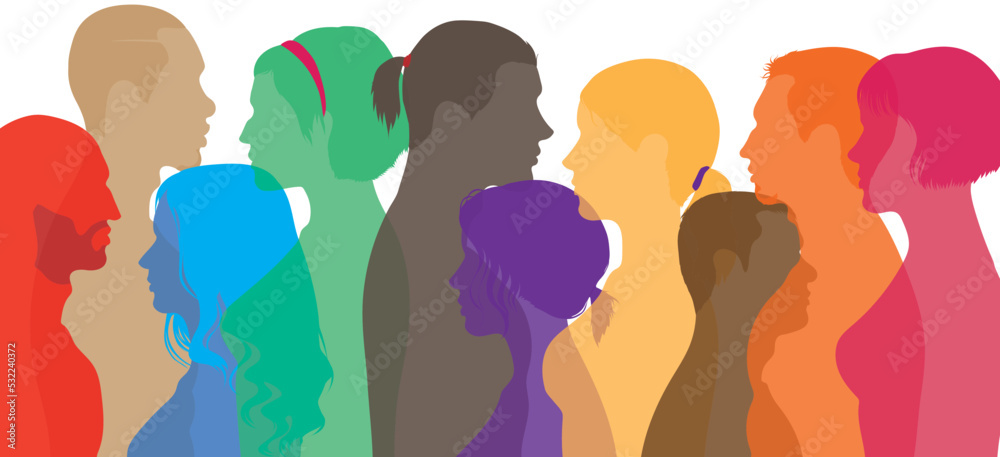 Concept of community or teamwork. Multiracial society and diversity. Abstract flat cartoon head showing diverse people in profile. Multi cultural friendship.