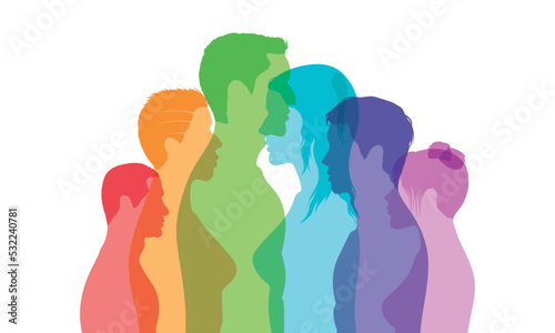 Diverse multicultural society and friendship. Multi-ethnicity and multiculturalism. Human rights and racial equality. Flat cartoon profiles of men, women, and girls of diverse cultures.