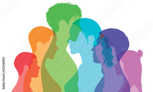 Diverse multicultural society and friendship. Multi-ethnicity and multiculturalism. Human rights and racial equality. Flat cartoon profiles of men, women, and girls of diverse cultures.