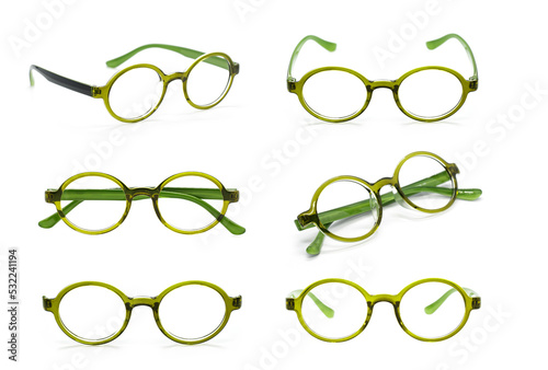 Group of beautiful eyeglass frames isolated on white background. Spectacles. Costume Fashion.