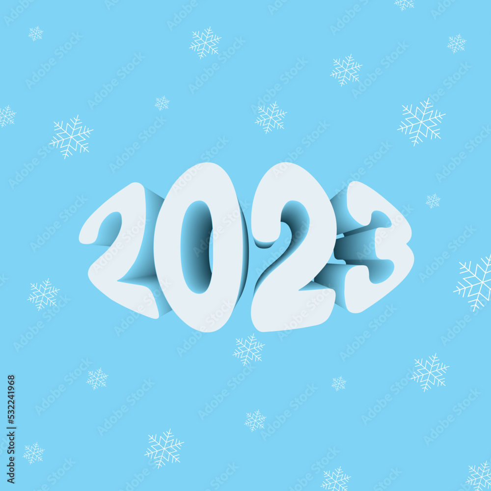 2023 year winter 3d text. Soft and cute vector typography print with snowflares. Perfect for postcards, stationery and winter design layers