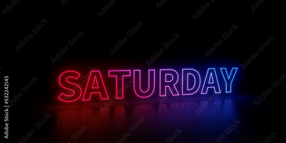 Saturday word text 3d rendered outline neon style illustration isolated on black background