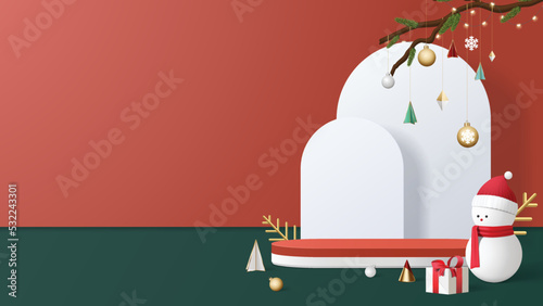 Realistic 3D Christmas template. pedestal or stand podium for show product display. Christmas decoration on red background.
