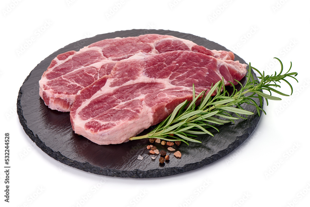 Pork shoulder steaks, isolated on white background. Pork shoulder steaks, isolated on white background.