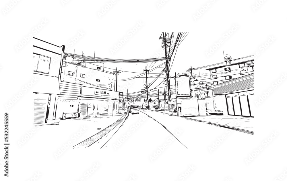 Building view with landmark of Osaka is the 
city in Japan. Hand drawn sketch illustration in vector.