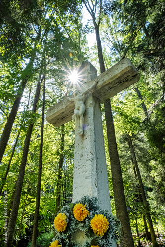 Crucifixion of Jesus Christ with sun rays, Korytnica spa, Slovakia photo