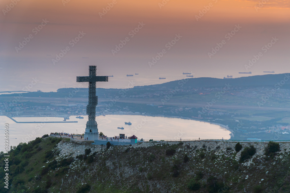 Russia on August 14, 2022. A large Orthodox cross on the Markhot ridge in Gelendzhik.