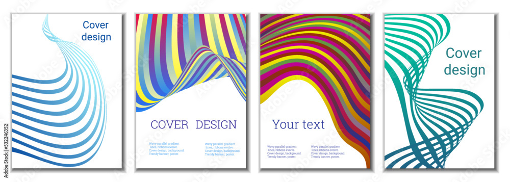 A set of 4 abstract covers. Wavy parallel gradient lines, ribbons evolve. Cover design, background. Trendy banner, poster. A set of 4 abstract covers. Wavy parallel gradient lines, ribbons evolve. Cover design, background. Trendy banner, poster.