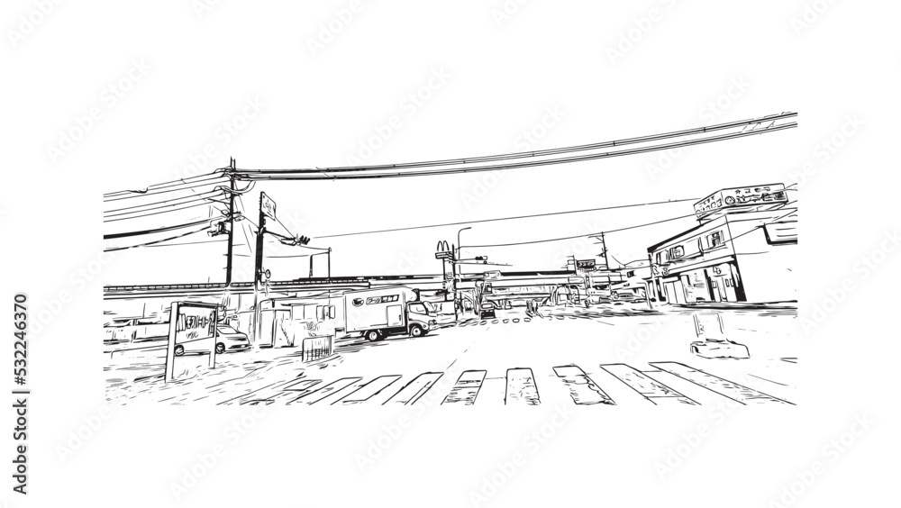 Building view with landmark of Osaka is the 
city in Japan. Hand drawn sketch illustration in vector.