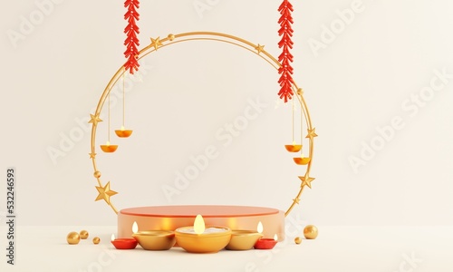 minimal scene, design for diwlai festival product display podium, 3d render with fireworks in white background photo