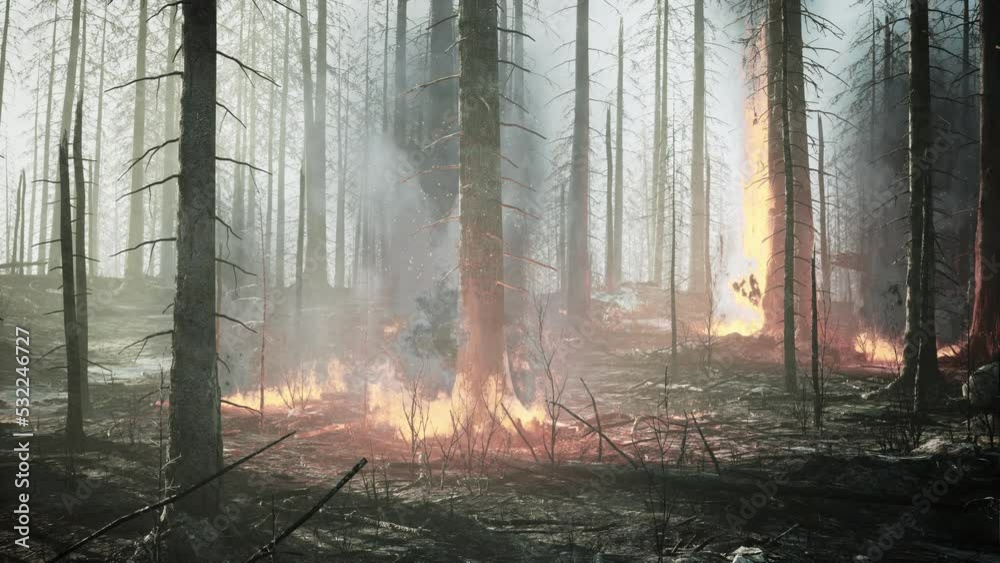 Forest fire with fallen tree is burned to the ground